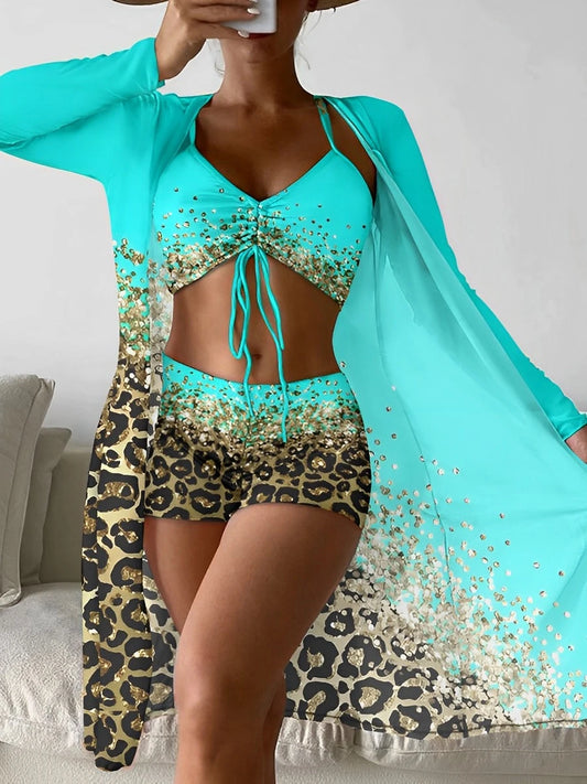 Maillot de bain 3 pièces avec un mélange de bleu turquoise et motifs léopard 